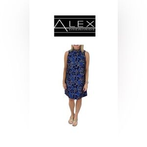 Alex Evenings Silk Blend Blue & Black Beaded Halter Mini Dress 8